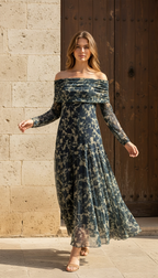 Vestido Tul Estampado Flor Marino