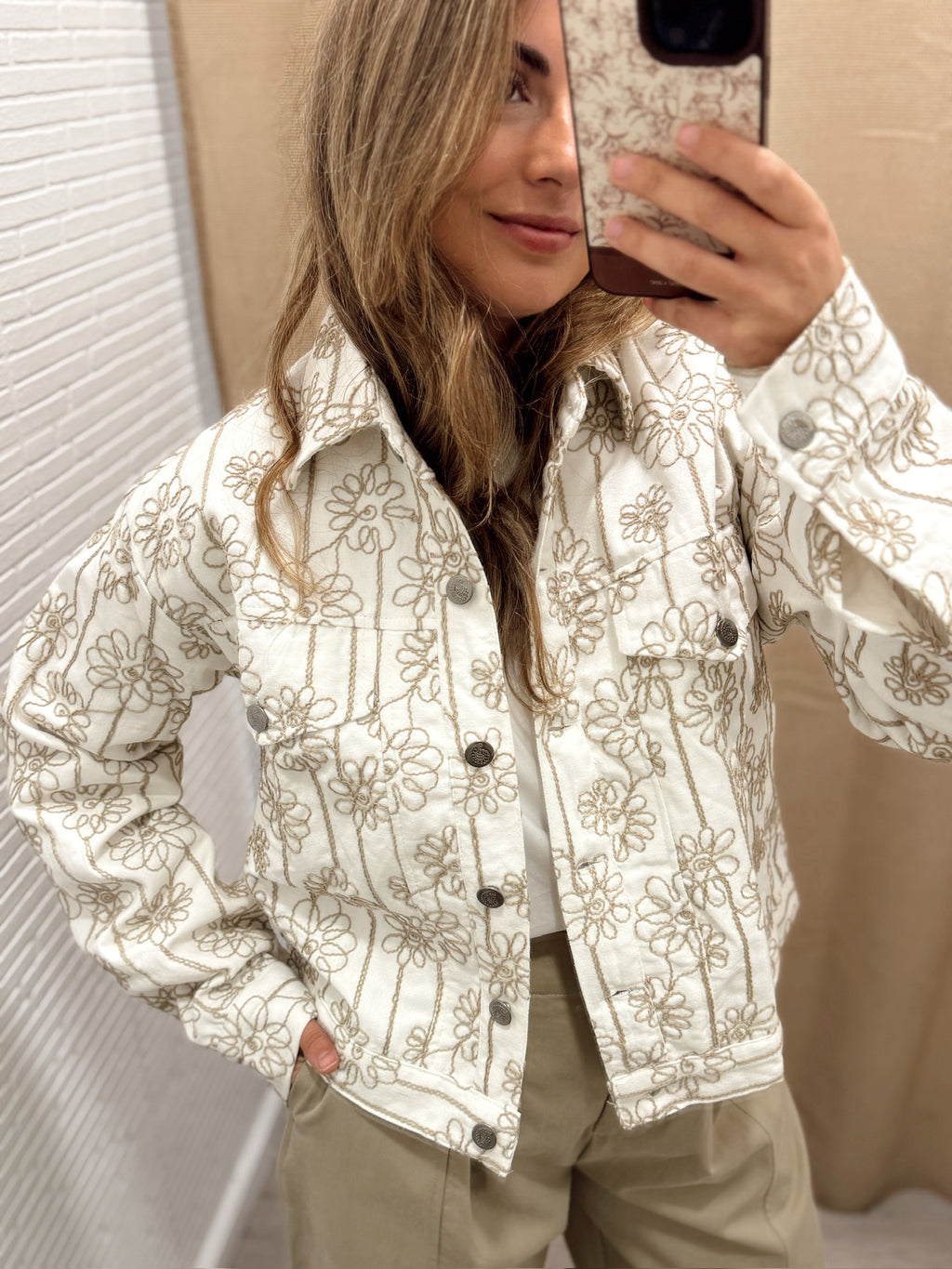 Chaqueta Bordada Flor Beige