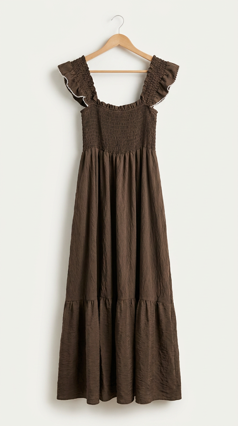 Vestido Frunce Puntilla Marrón