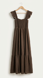 Vestido Frunce Puntilla Marrón