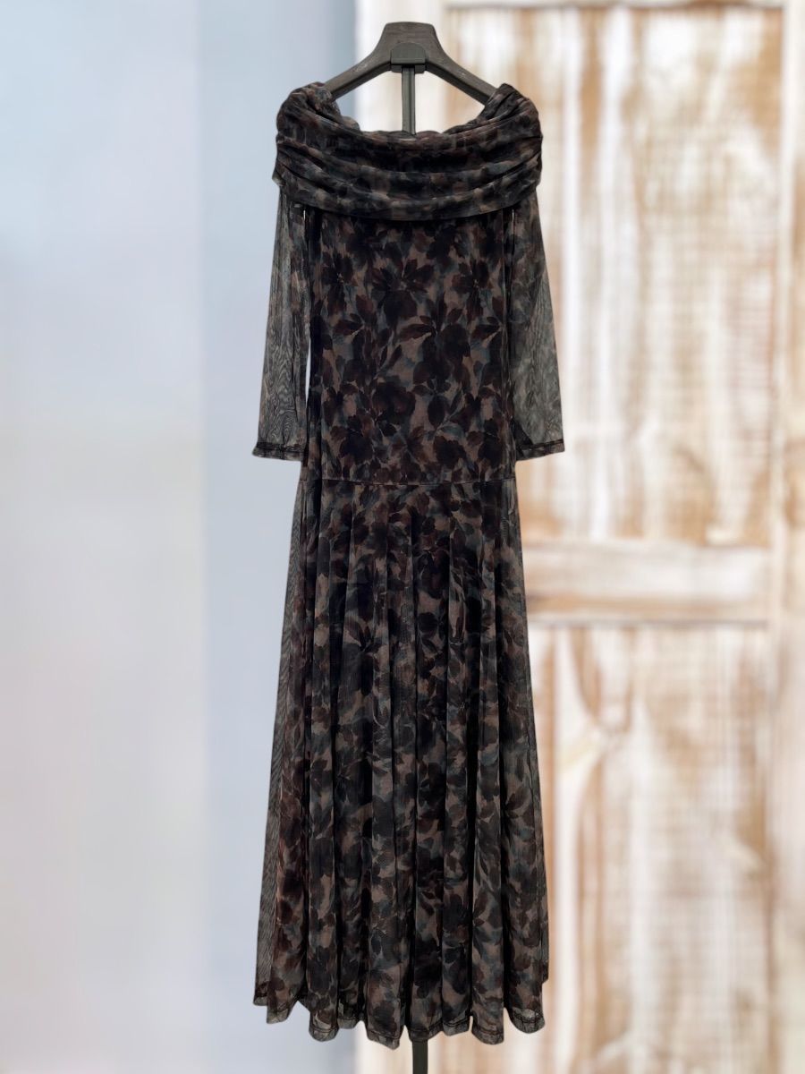 Vestido Tul Estampado Flor Chocolate
